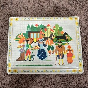 Vintage Daher Tin Box Needlepoint Style Village Scene Made England Storage READ
